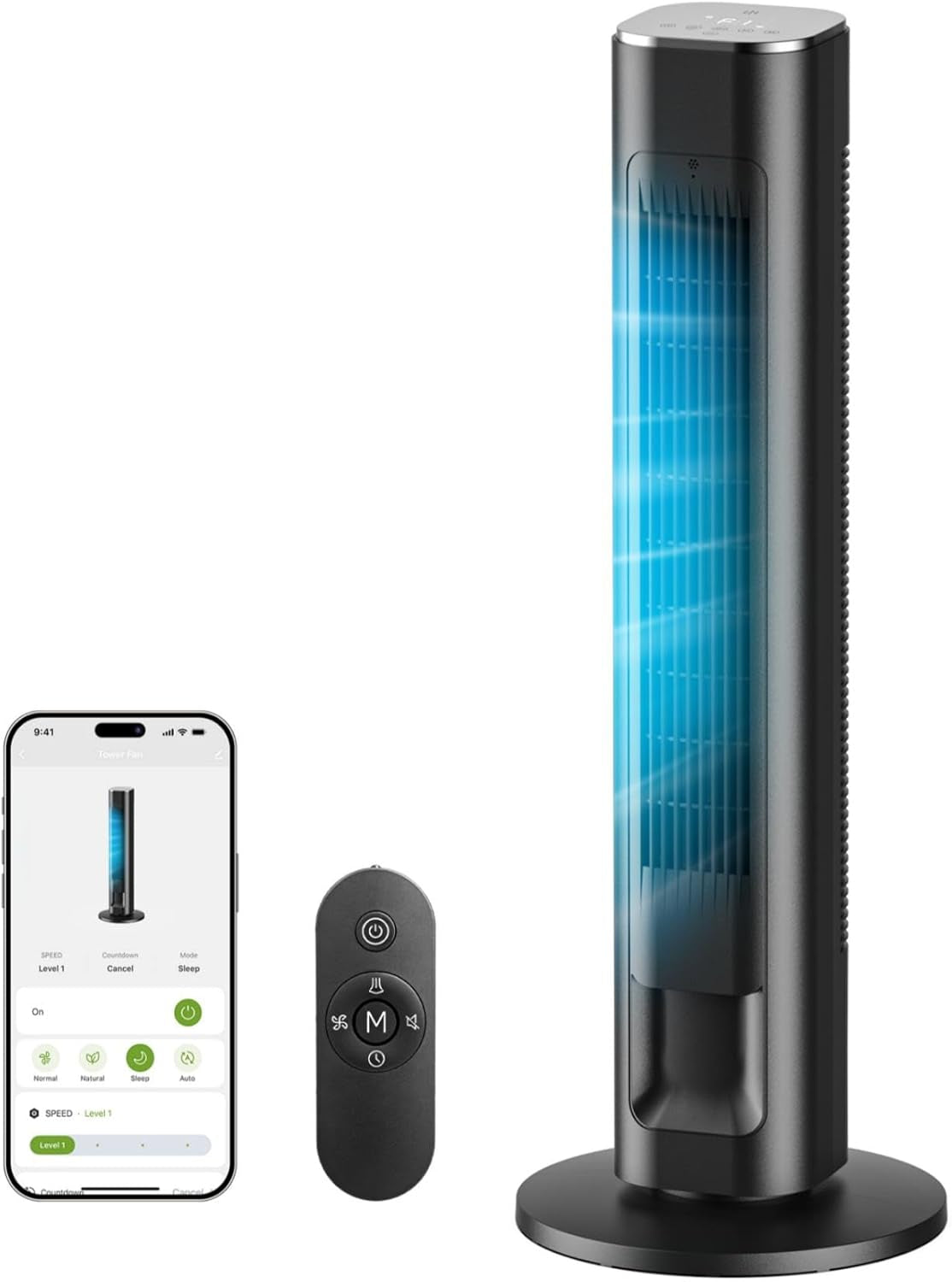 MORENTO Smart Tower Fan with Remote, Wifi/App/Voice Control, 25Db, Black