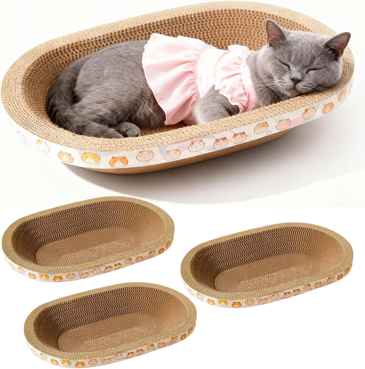 3 Pack Cat Scratcher Bed, Oval Cardboard Cat Scratcher Cat Scratch Pad Board Lounge Couch for Indoor Cats Bowl Shaped Cat Scratching Post Nest for Cats Grinding Claw Furniture Protector
