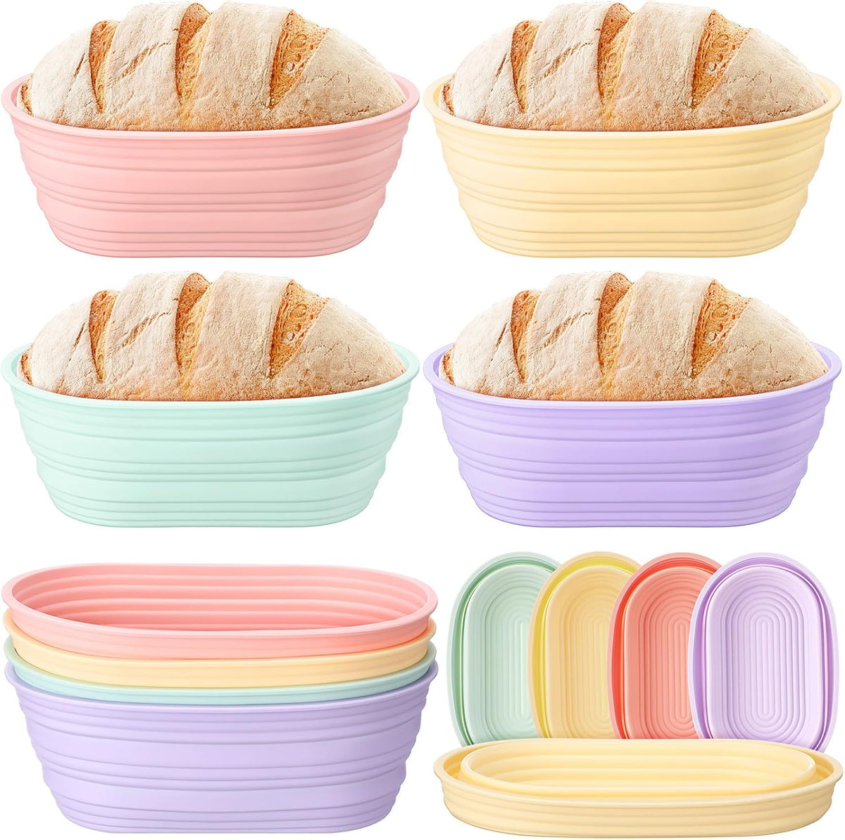 Honeydak 4 Pcs Silicone Bread Proofing Baskets Oval Banneton Basket 10" Collapsible Sourdough Bread Baking Supplies Non-Stick Dough Proofing Bowls Container Oven Safe for Breads Making (Vibrant Color)