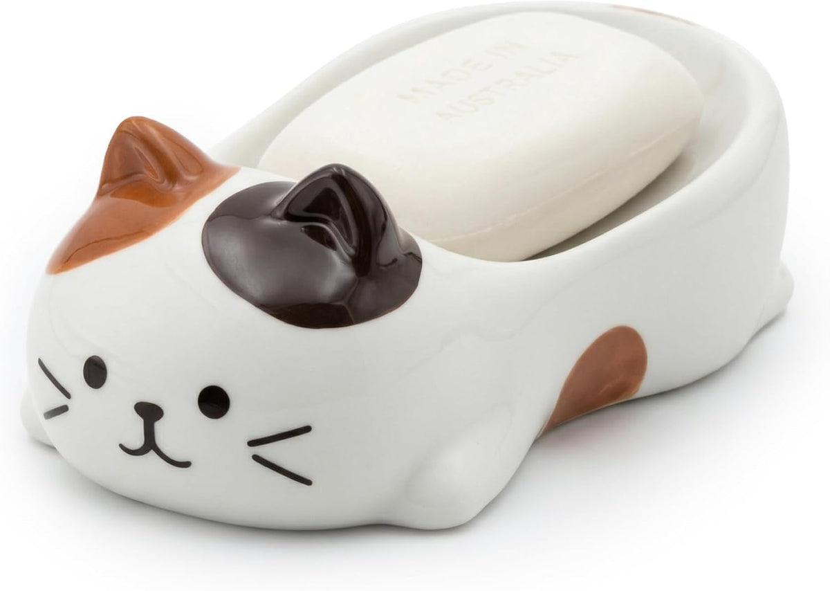 Cute Cat Decorative Soap Dish, Self-Draining Soap Holder Tray for Bathroom Shower, Kitchen Sink & Bathtub (Calico)