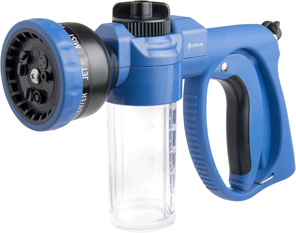 Corvid Adjustable Nozzle with Soap Dispenser, 8-Pattern Spray Hose Nozzle for Cleaning Cars, House, and Pets - Lightweight Plastic Design