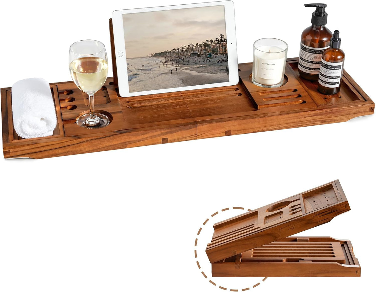 Teak Bathtub Tray, Adjustable Wood Bath Organizer Caddy