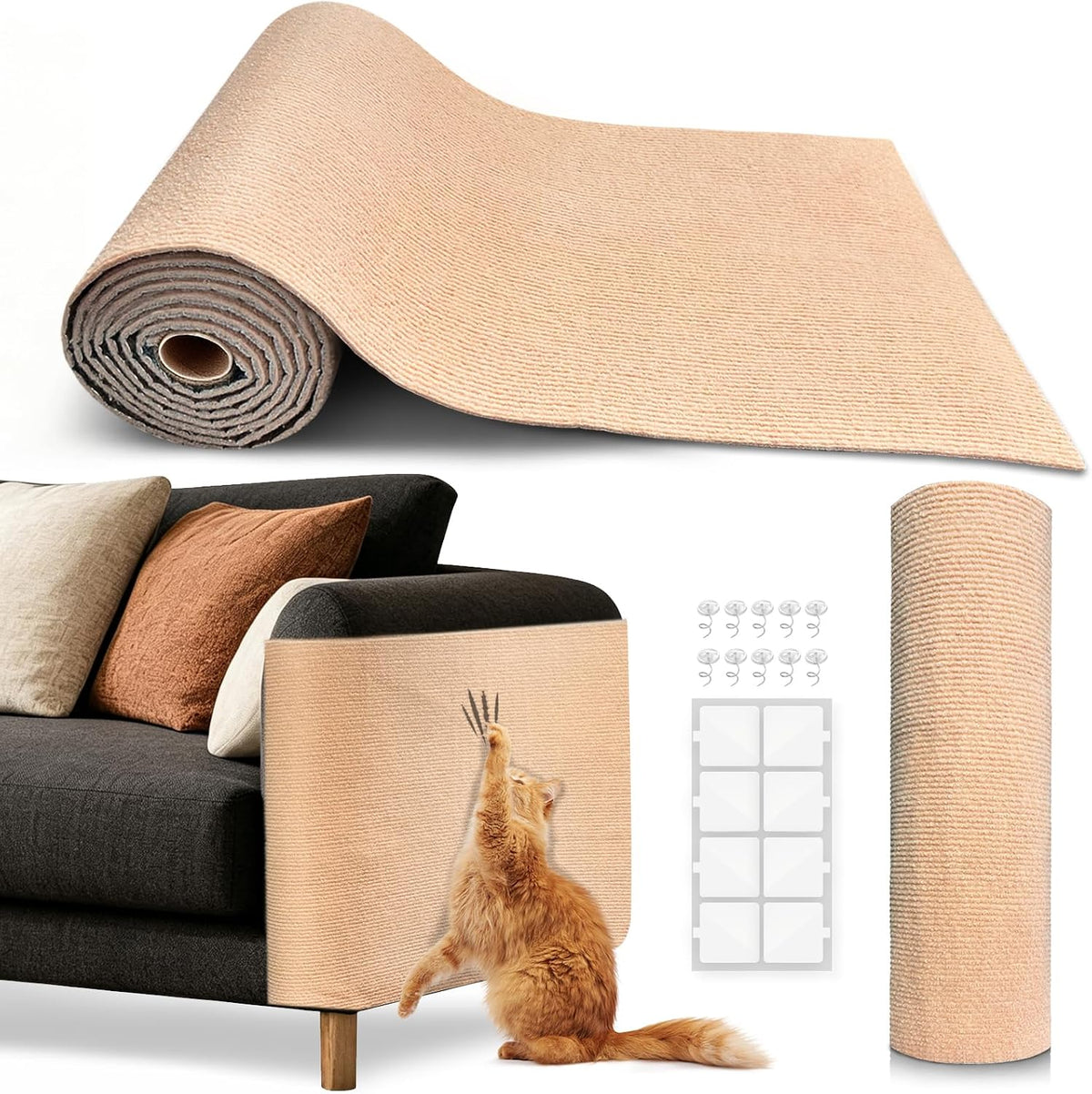 Cat Scratch Furniture Protector, Trimmable Self-Adhesive Carpet, DIY Climb Cat Scratcher Mat for Covering Cat Tower and Couch Protector from Cat Claws(Beige)