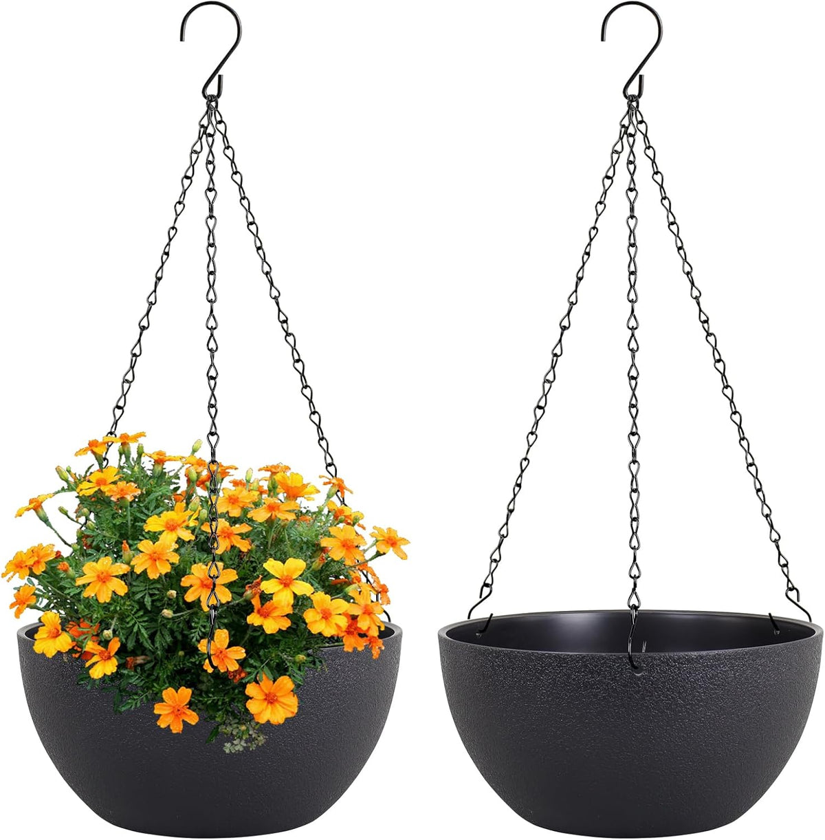 Meowell 10 Inch Hanging Planters for Indoor Outdoor Plants, 2 Pack Hanging Flower Pots with Drainage Holes and Chain for Garden Porch, round Plastic Hanging Baskets for House Plants, Black