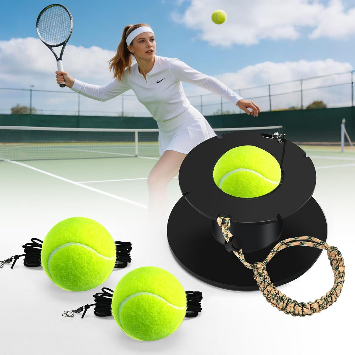 Tennis Trainer Metal, Tennis Practice Rebounder with 3 String Balls