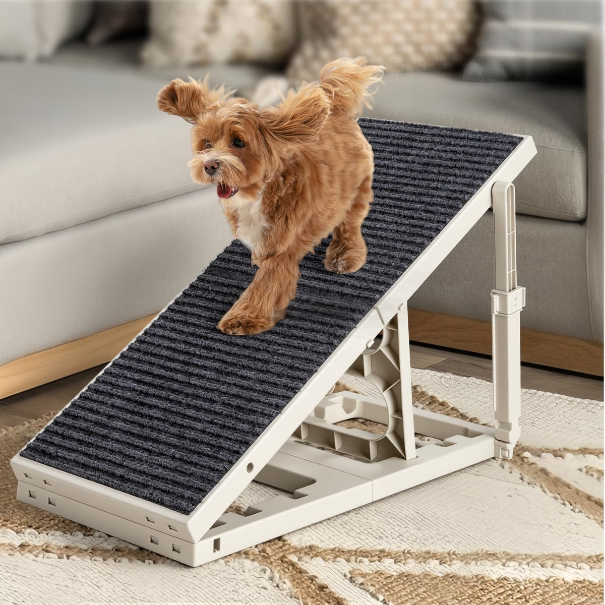 Pawzone Dog Ramp for Bed Couch with Upgraded Support, 3 Levels Height 14"-18" Pet Ramp Adjustable, 30LBS Capacity Dog Ramps Foldable & Non Slip