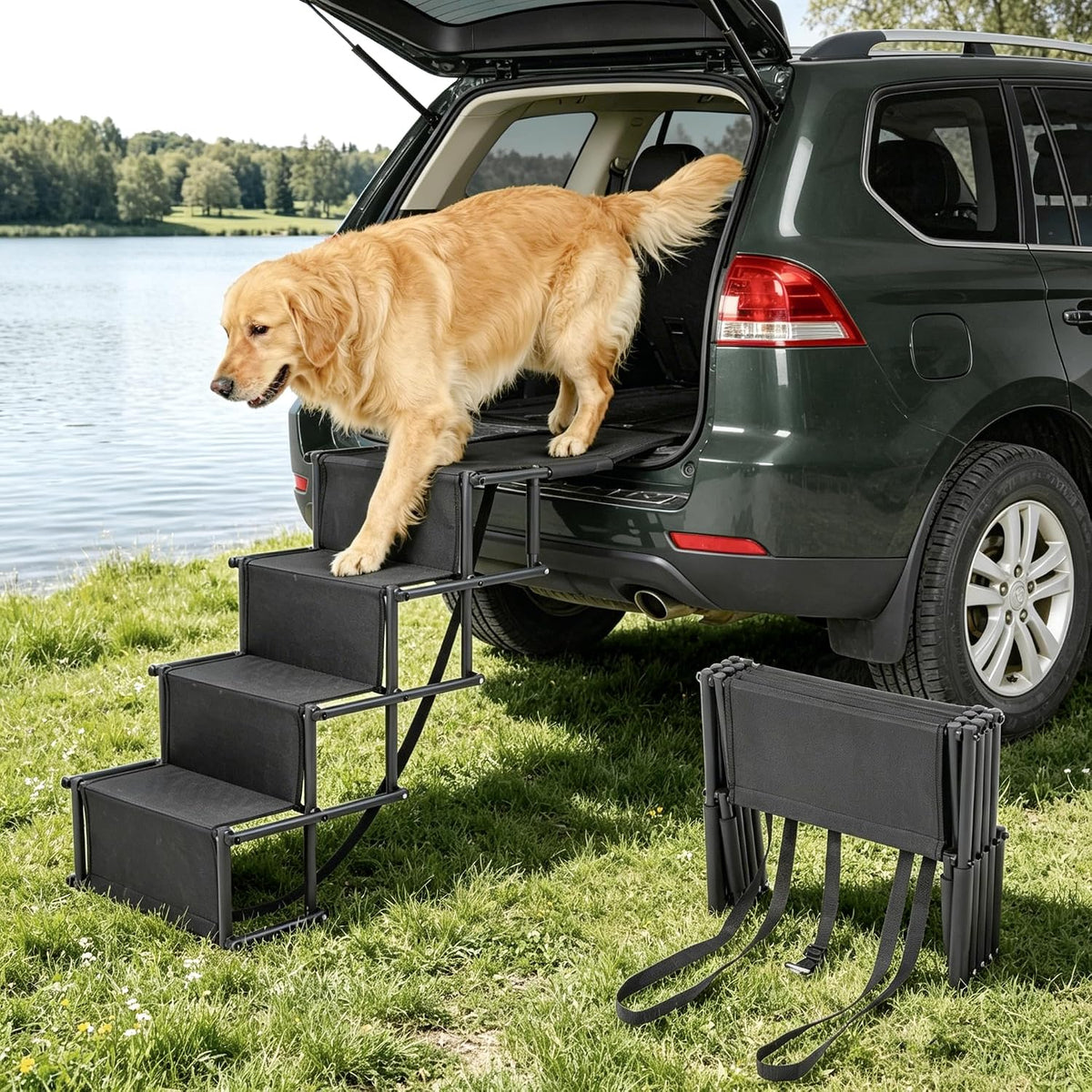 Portable Wide Dog 4-Steps, Large Dog Folding Stairs for Car, Truck, SUV