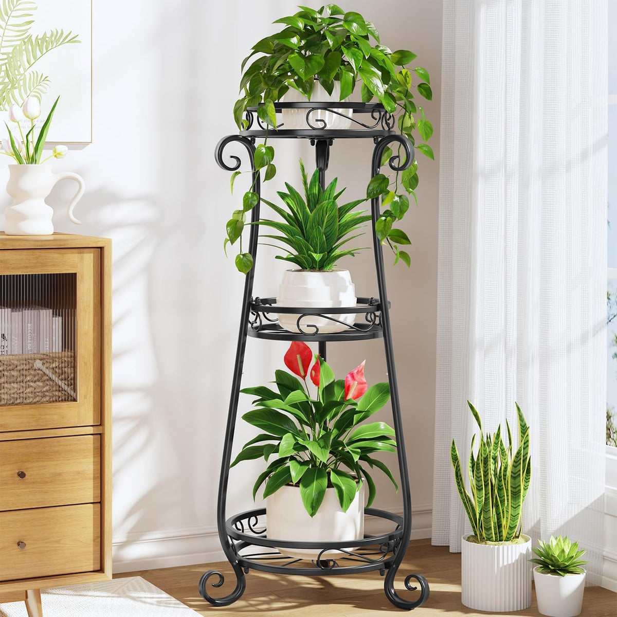 LASZOLA 3 Tiers Metal Corner Plant Flower Stand Tall Indoor Outdoor, Black