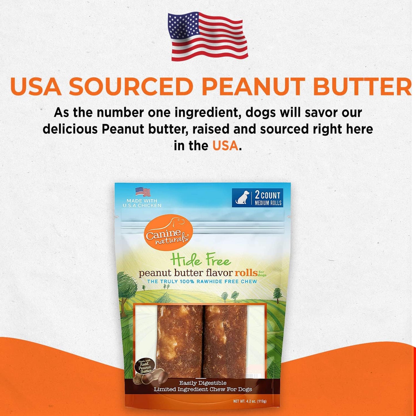 Canine Naturals Peanut Butter Chew - 100% Rawhide Free Dog Treats - Made with Real Peanut Butter - All-Natural and Easily Digestible - 2 Pack of 4 Inch Medium Rolls for Dogs 20-50Lb