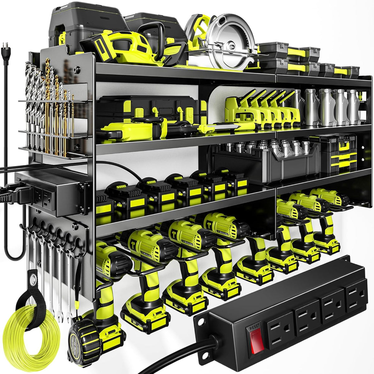 POKIPO Large Power Tool Organizer Wall Mount with Charging Station,4 Layer Heavy Duty Metal Tool Storage Rack Loads 600Lbs with 8 Cordless Drill Holder,Battery Utility Rack Loads with 4 Power Strip