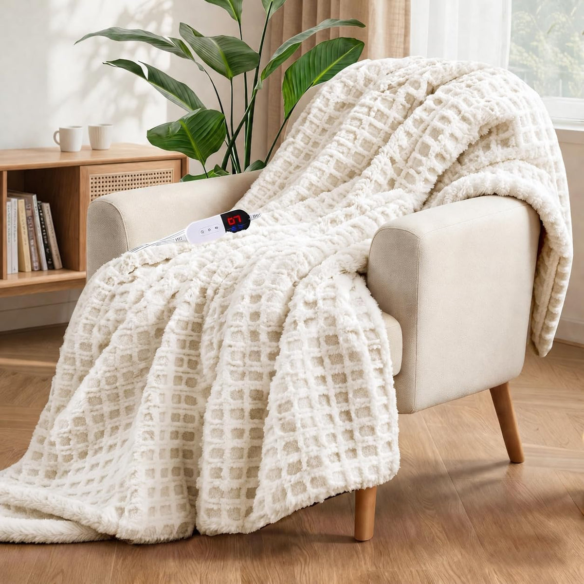 Heated Throw Blanket, Waffle Faux Fur & Sherpa Electric Blanket, Beige