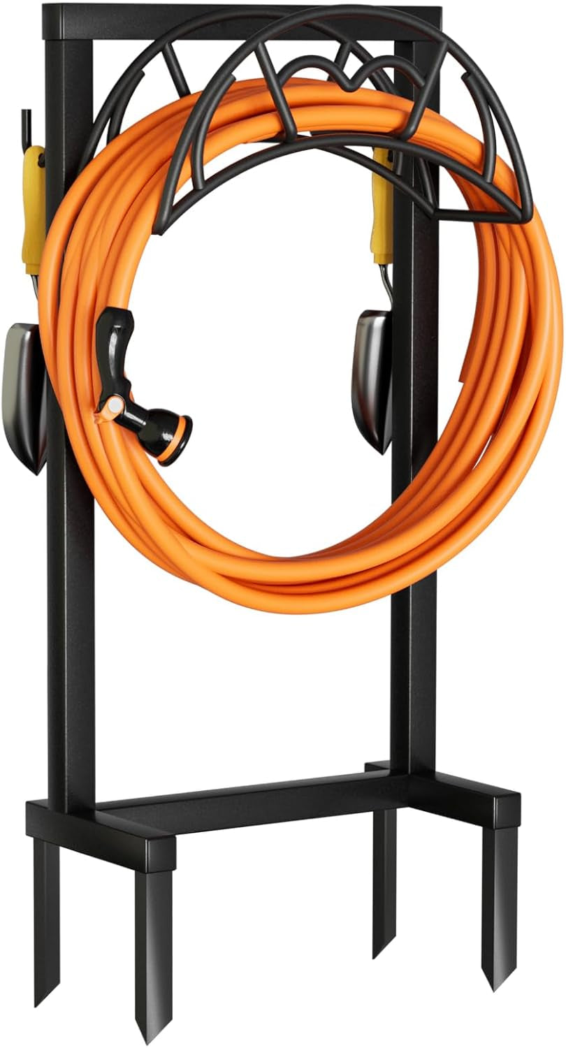 Vygrow Garden Hose Holder, Freestanding Heavy Duty Water Hose Holder for Outside, Upgraded Metal Hose Stand with 4 Spikes, Detachable Garden Hose Storage Hose Reel Rack, Black