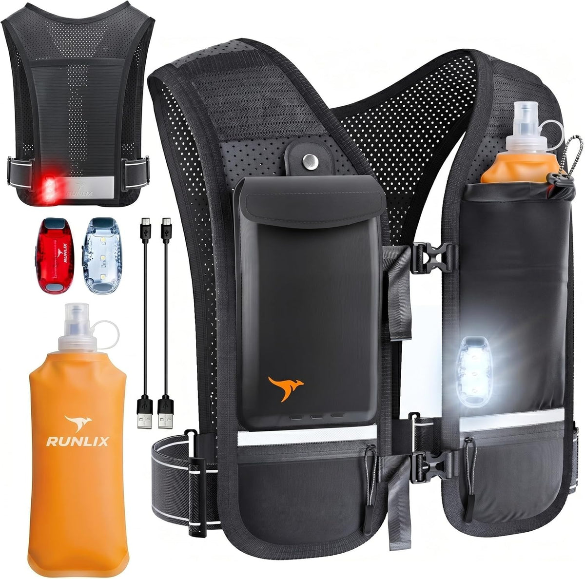 Running Vest for Women Men-Reflective Running Hydration Vest with 500Ml Soft Water Bottle, Phone Holder, 2 LED Lights USB Rechargeable-7 Pockets Runners Backpack Marathon