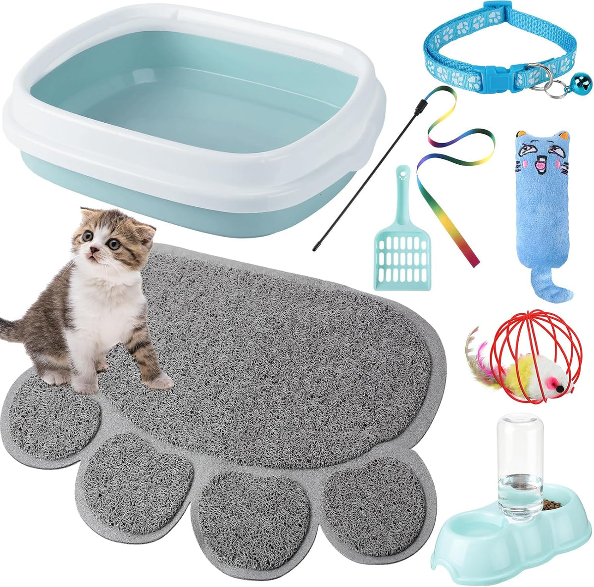Tioncy 7 Pcs Kitten Litter Box Starter Kit with Mat, Stylish, Fresh Blue