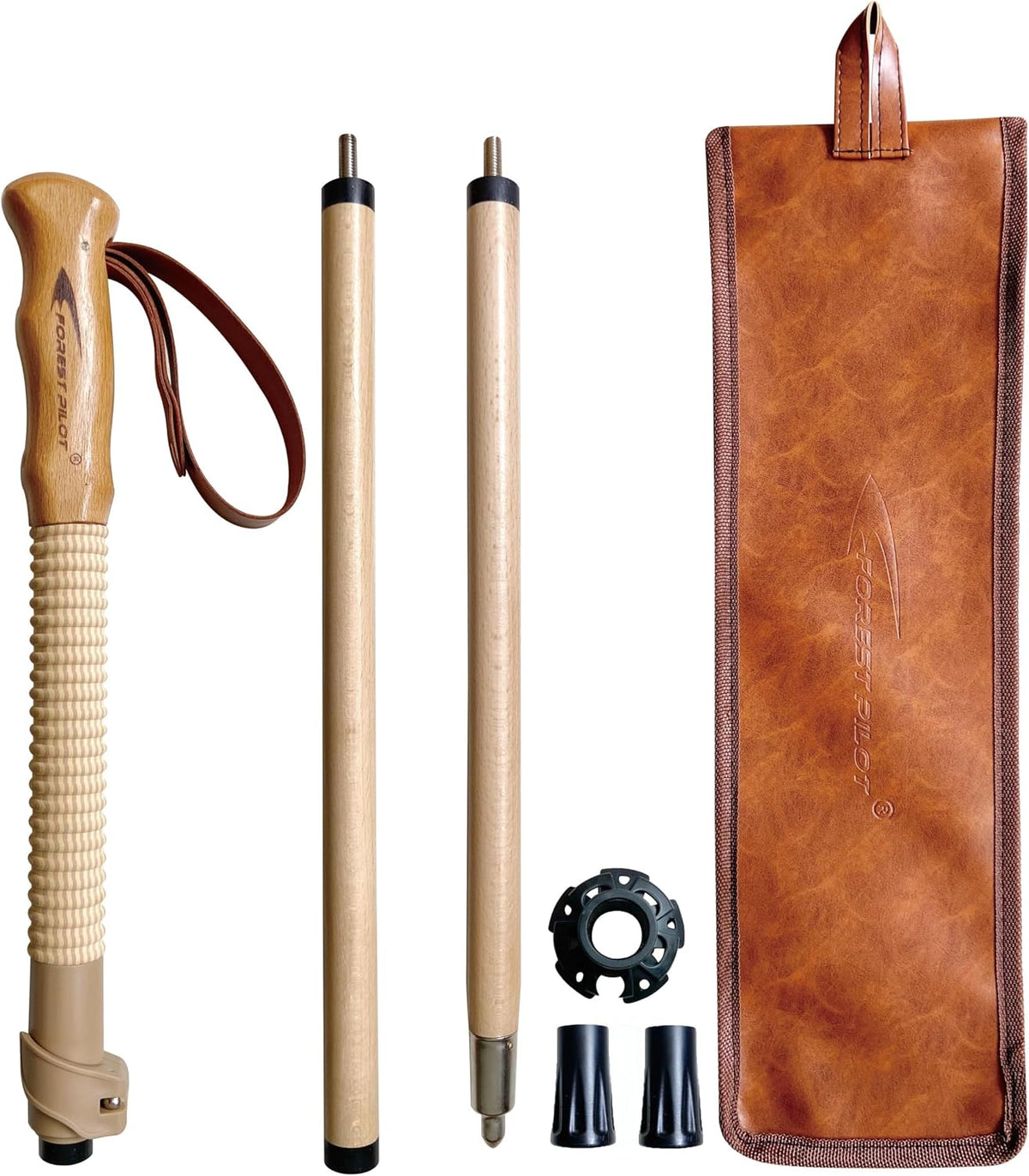 FOREST PILOT Trekking Poles- 1-Pc Pack - Adjustable Hiking or Walking Stick –Strong, Natural Beech Wood - Quick Adjust Flip-Lock - Beech Wood Grip, Leather Strap