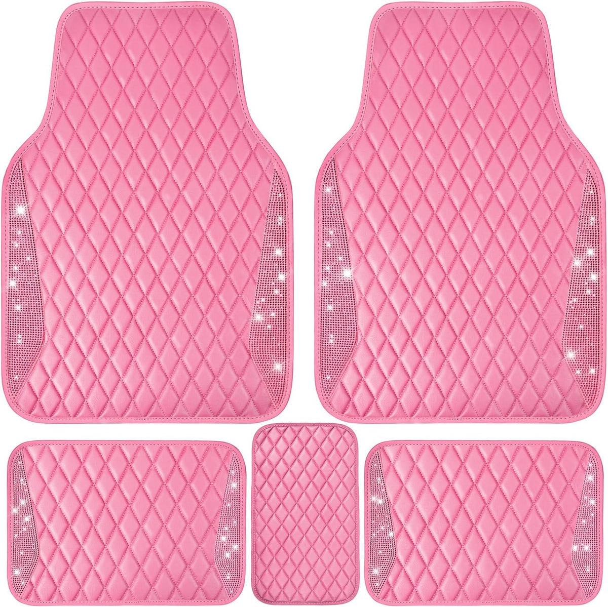 CAR PASS Bling Leather Car Mats Shining Diamond Floor Mats Crystal Rhinestones Sparkly Glitter Carpet Anti-Slip Waterproof Pad Universal Fit for Automotive SUV, Sedan, Van, 5Pcs for Girl Women Pink