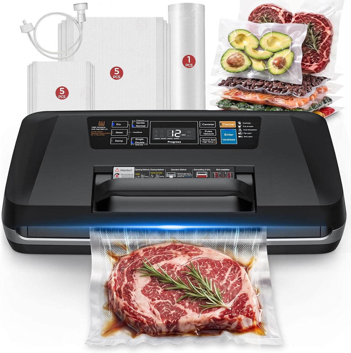 Vacuum Sealer Machine, 230W 95Kpa Food Sealer Built-In Cutter & Bag Storage