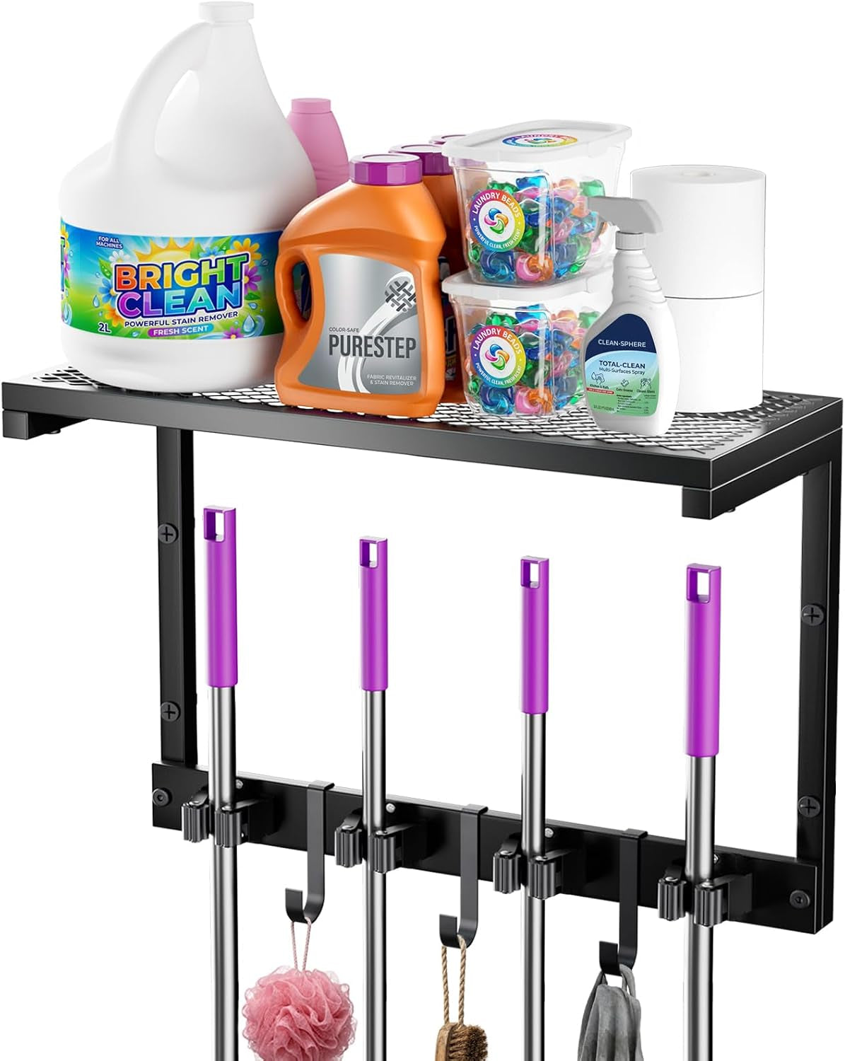 Heavy Duty Broom Holder Wall Mount, All-Metal Mop Rack with Storage Shelves