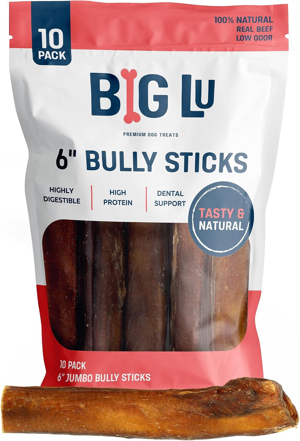 Big Lu - 6” Jumbo Bully Sticks, 10 Count- Thick, Long-Lasting, Grass-Fed Beef Chews for Medium & Large Dogs, Natural Single-Ingredient, Fully Digestible Treats