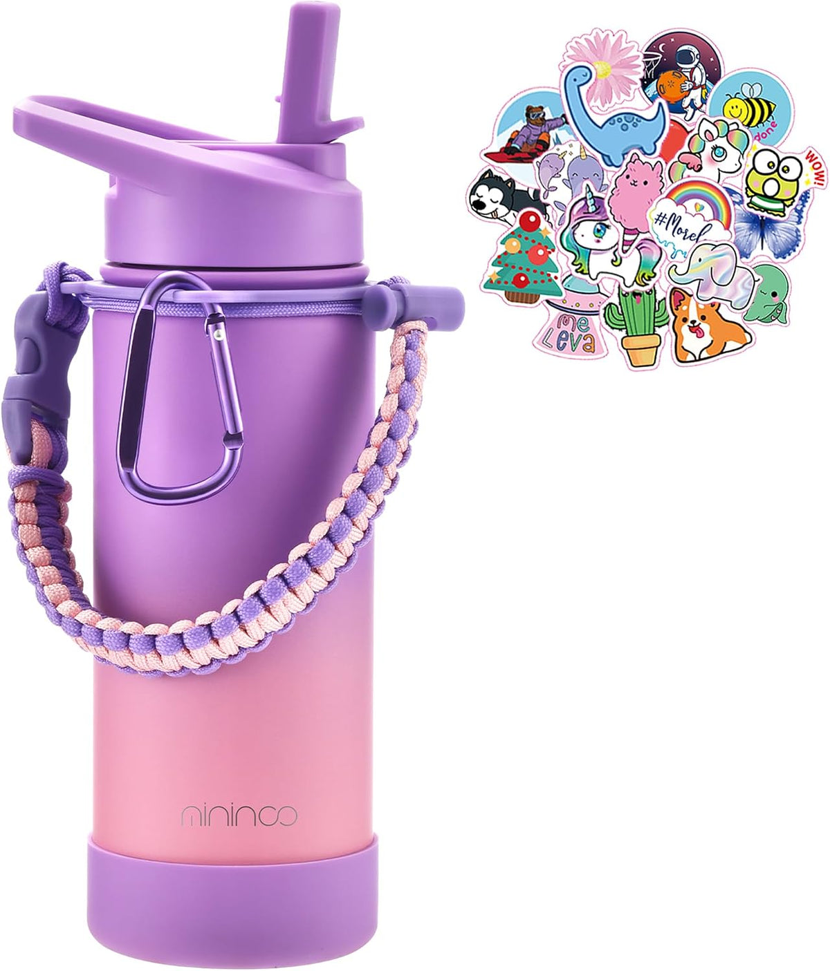 Mininoo Kids Water Bottle for School, 16Oz Insulated Stainless Steel Water Bottle Kids with Straw Lid for Girls(Purple/Pink)