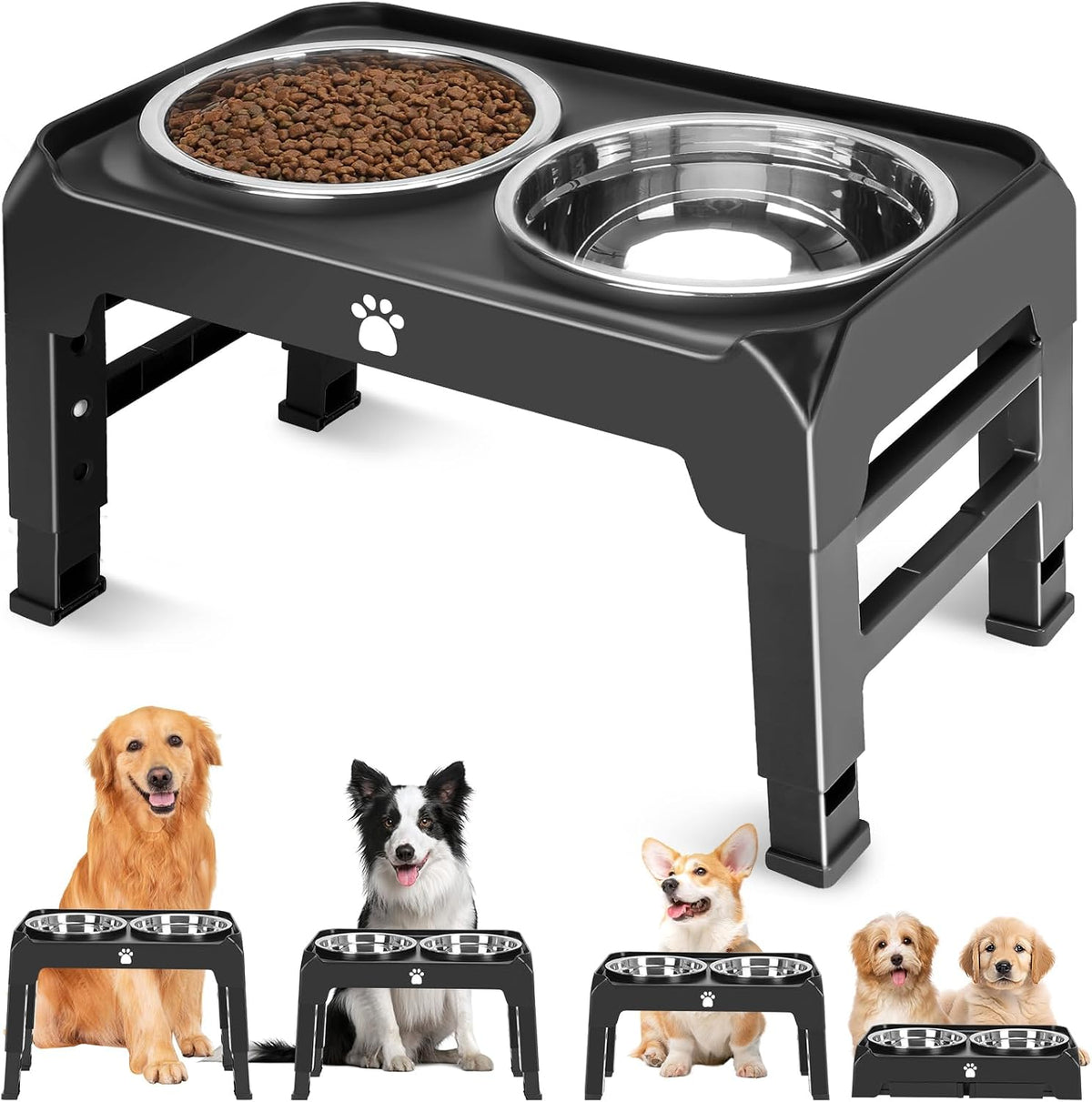 Elevated Bowls with Adjustable Heights - Raised Stand with 2 Stainless Steel Food Bowls, Non-Slip Foldable Feeder for Medium Large Dogs, Adjusts to 12.36", 10.75", 9.2", 3.7", Black