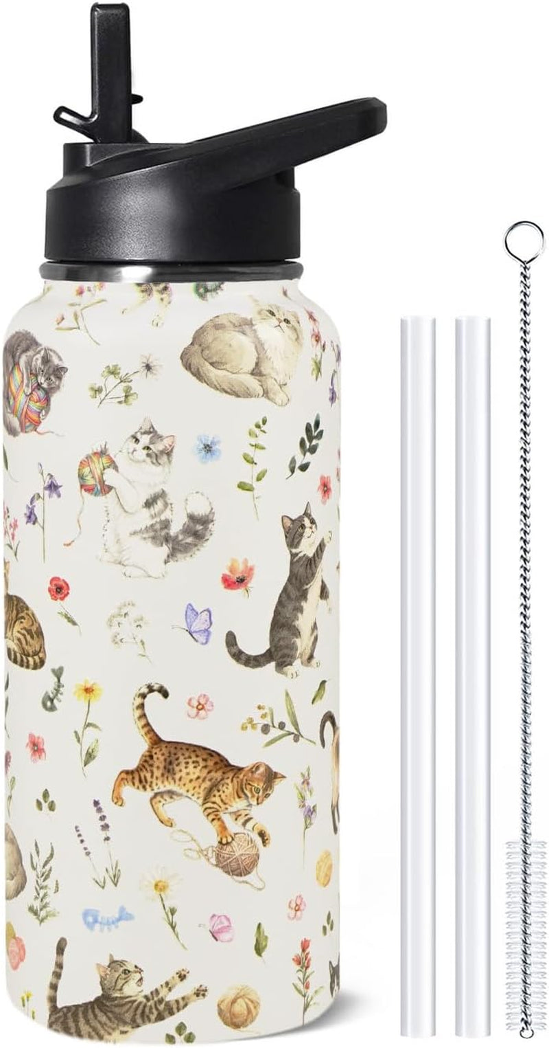 32Oz Cat Flip Stainless Steel Insulated Water Bottle with Straw, Cute Cat Travel Gym Mug, Fun Gift for Women Cat Lovers