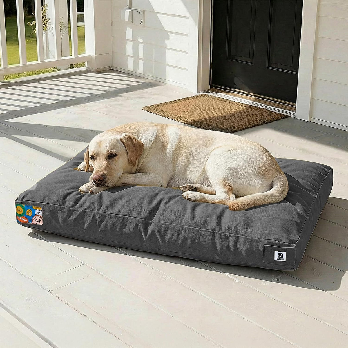 42 Inch Indestructible Dog Bed for Aggressive Chewers, Chew Proof Durable Outdoor Canvas Pet Crate Mat with Waterproof Washable Removable Cover, Indoor Patio Pet Pad for Crate, Dark Grey