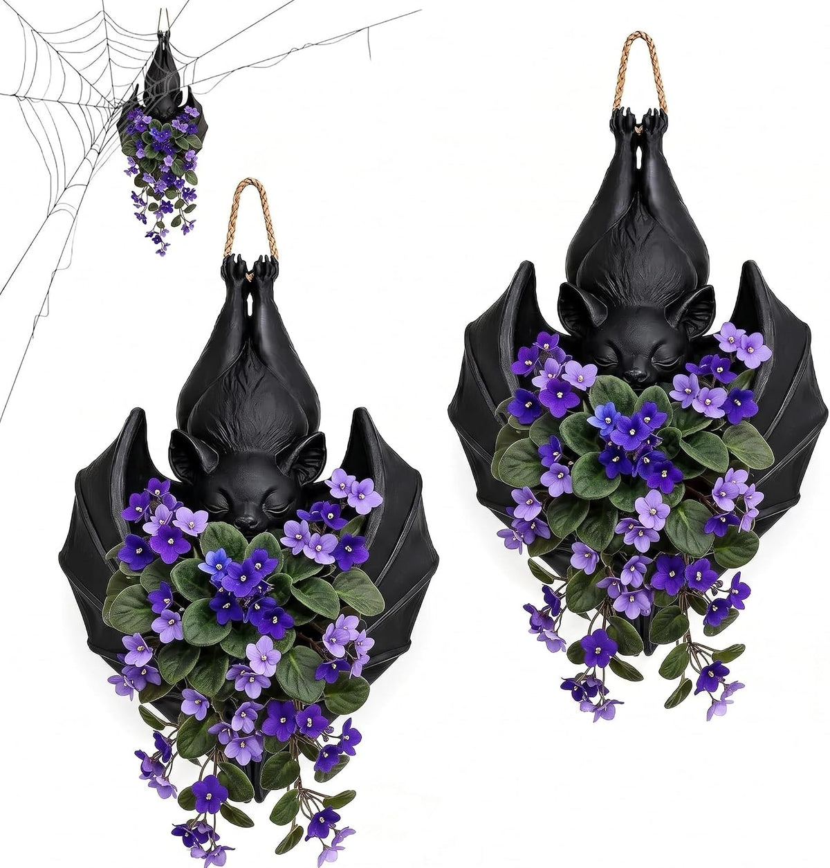 Hanging Bat Plant Pot, Halloween Planter Gothic Hanger Holder Home Decor | Flower Basket Black Bats Vase Garden Bowl for Succulents Trailing Vines Greenery Indoor Outdoor Decoration