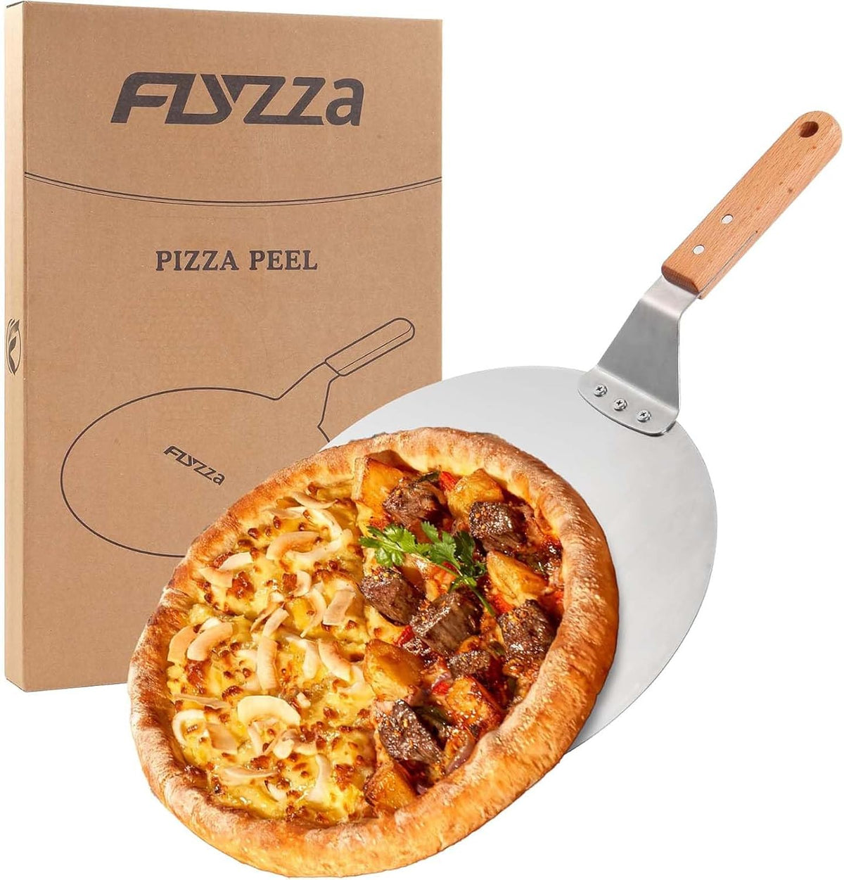 12 Inch Stainless Pizza Peel, Pizza Spatula with Ergonomic Long Wood Handle for Pizza Oven Baking, Turing Peel for Pizza, Dough, Bread Pastry