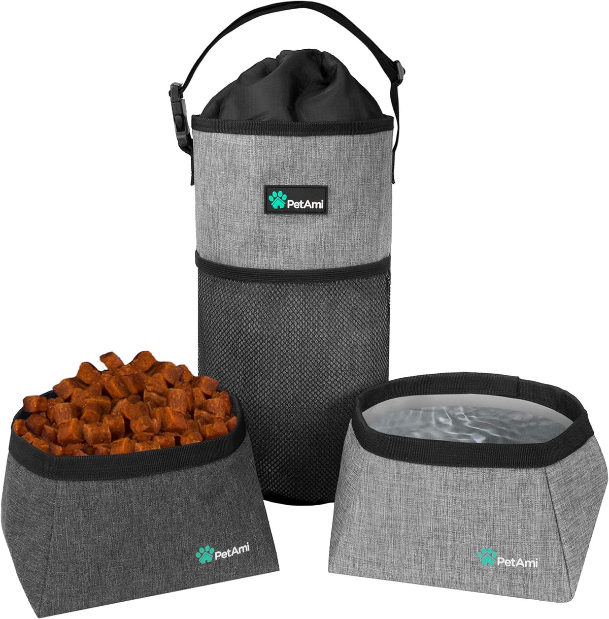 Petami Travel Dog Food Bag W/2 Collapsible Bowls, Waterproof Heather Grey
