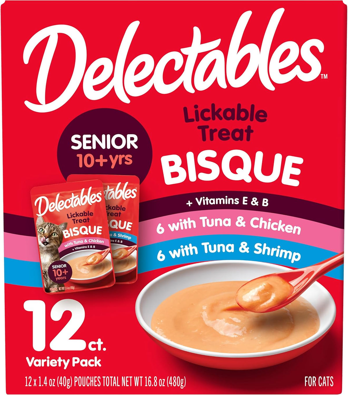 Delectables Lickable Treat Bisque Senior 10+ Wet Cat Treat Variety Pack, Food Topper, Hydrating, Grain-Free, No Fillers, No By-Products, No Added Preservatives, 1.4Oz Pouch, 12Ct
