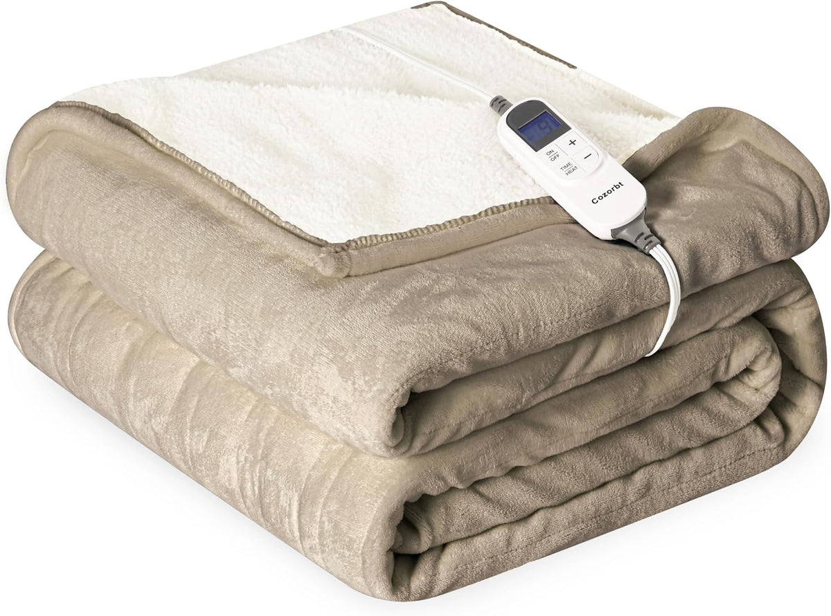 Heat Blanket 50”X60” Throw,Soft Flannel & Sherpa Reversible Electric Blanket with 10 Heat Settings,12 Timer Setting and 8 Hours Auto-Shut Off,Etl Certified Machine Washable,Light Brown