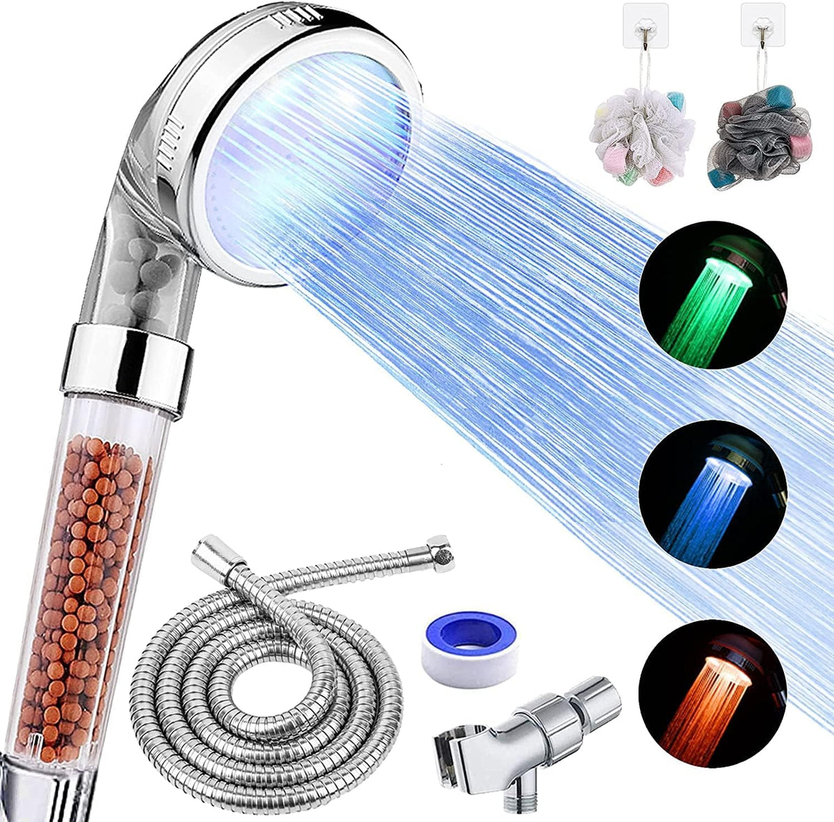 FASTRAS LED Shower Head with Handheld, High Pressure Shower Head with Hose, Holder & PTFE Tape Etc, 3 Water Temperature-Controlled Water Saving Filtered Shower Head for Dry Hair& Skin