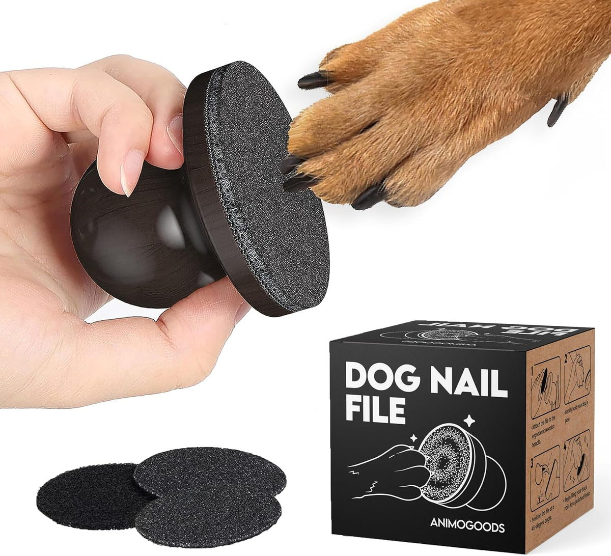 Silent Dog Nail File, Real Wood Handle, 3 Spare Pads, Black