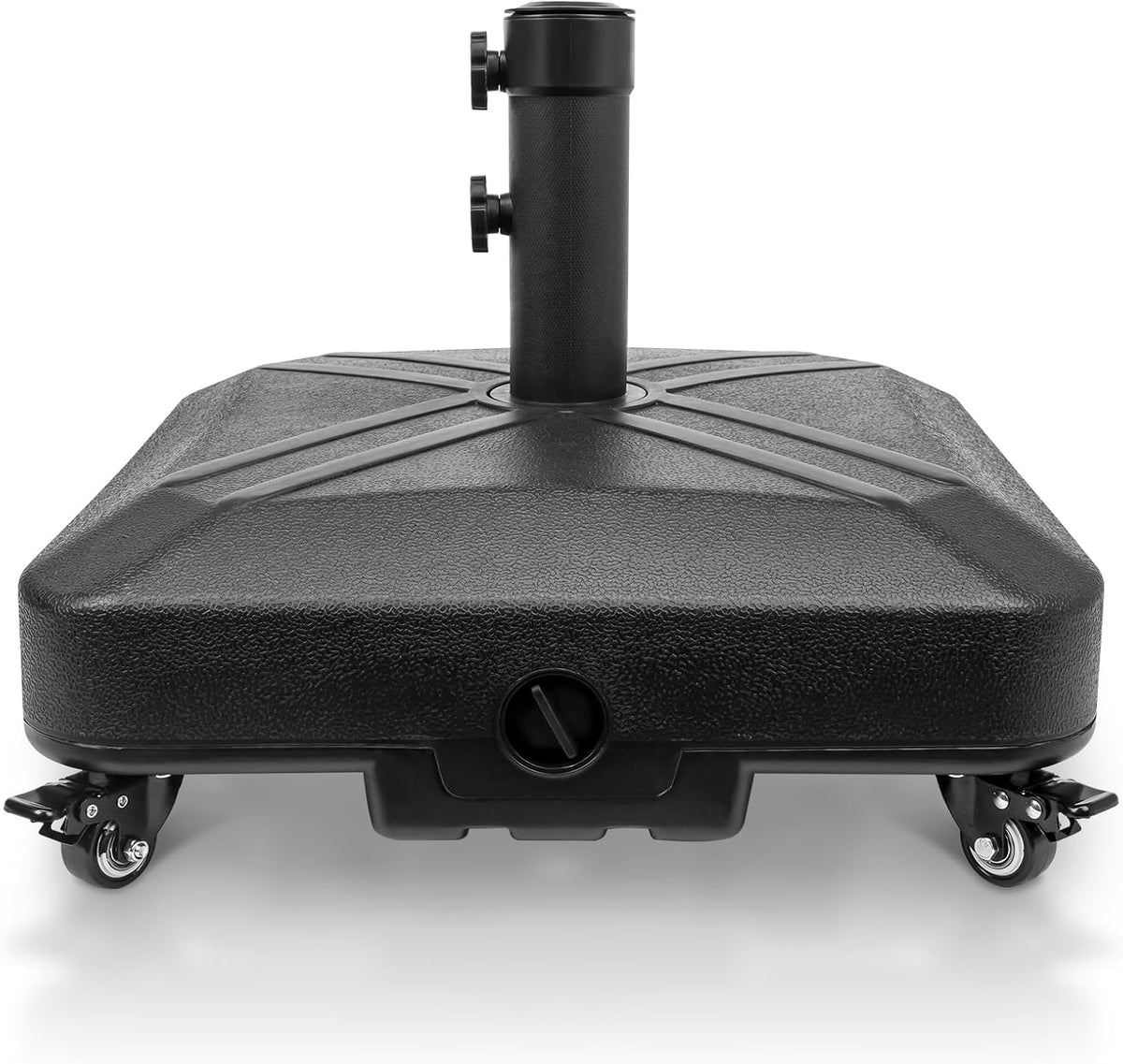 Patio Umbrella Base Heavy Duty with Wheels Square Market Stand for Outdoor 4 Locks 2 Knobs 125Lb Capacity, Black