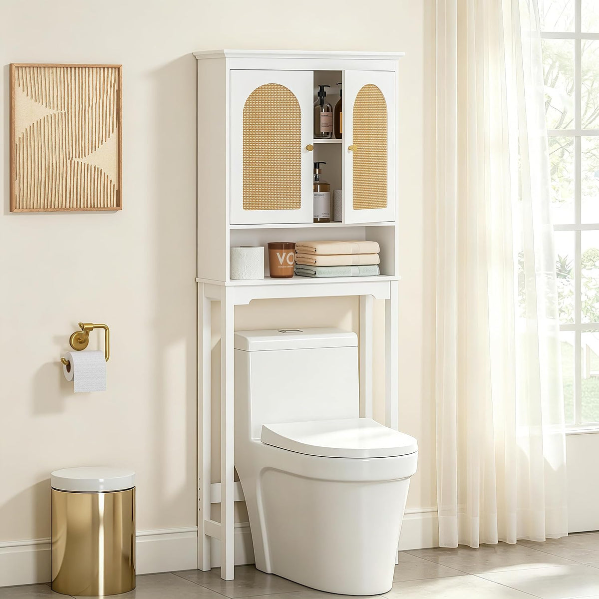 Spirich over the Toilet Storage Cabinet, Arched Rattan-Style Doors, White