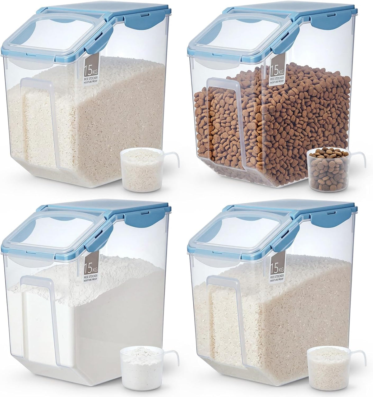 Umigy 4 Pack 30 LB Airtight Dog Food Storage Container with Wheels, Blue
