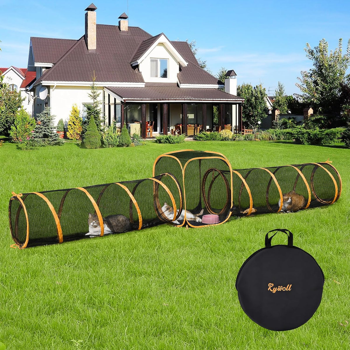 Outdoor Cat Enclosures with Tunnels, Rywell 10FT Cat Tunnel Outdoor with Cube, Portable Cat Playpen and Catio with Carry Bag for Multiple Cats
