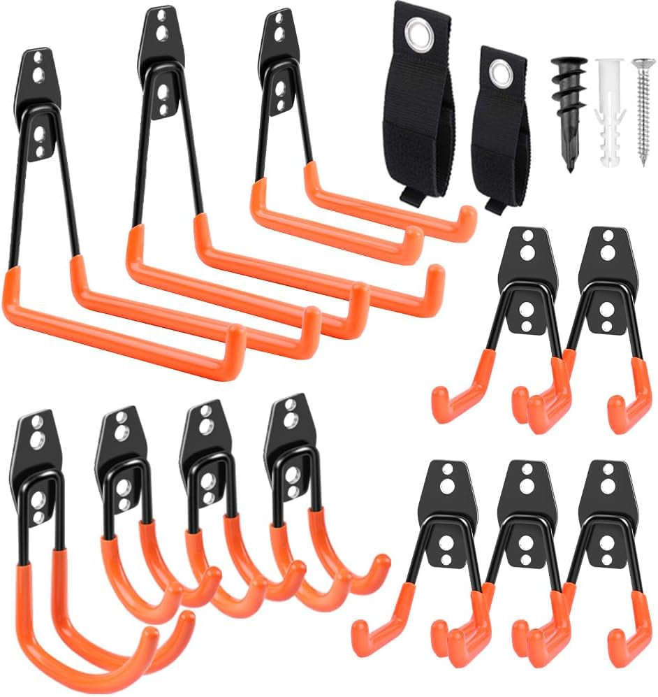 Garage Hooks Heavy Duty 14 Pack, Steel Garage Storage Hooks, Tool Hangers for Garage Wall Utility Wall Mount Garage Hooks and Hangers with Anti-Slip Coating for Garden Tools, Ladders, Bulky Items