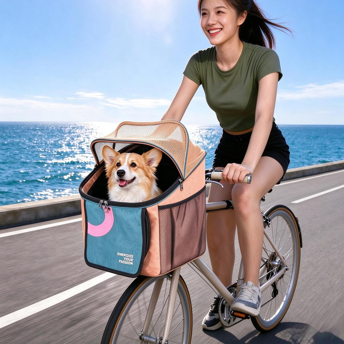 Expandable Pet Bike Basket, Soft-Sided Dog Cat Carrier Backpack with Breathable Mesh, Safety Leash & Washable Mat, Front Bicycle Basket, Car Seat & Shoulder Bag for Small Dogs Cats Cycling Travel