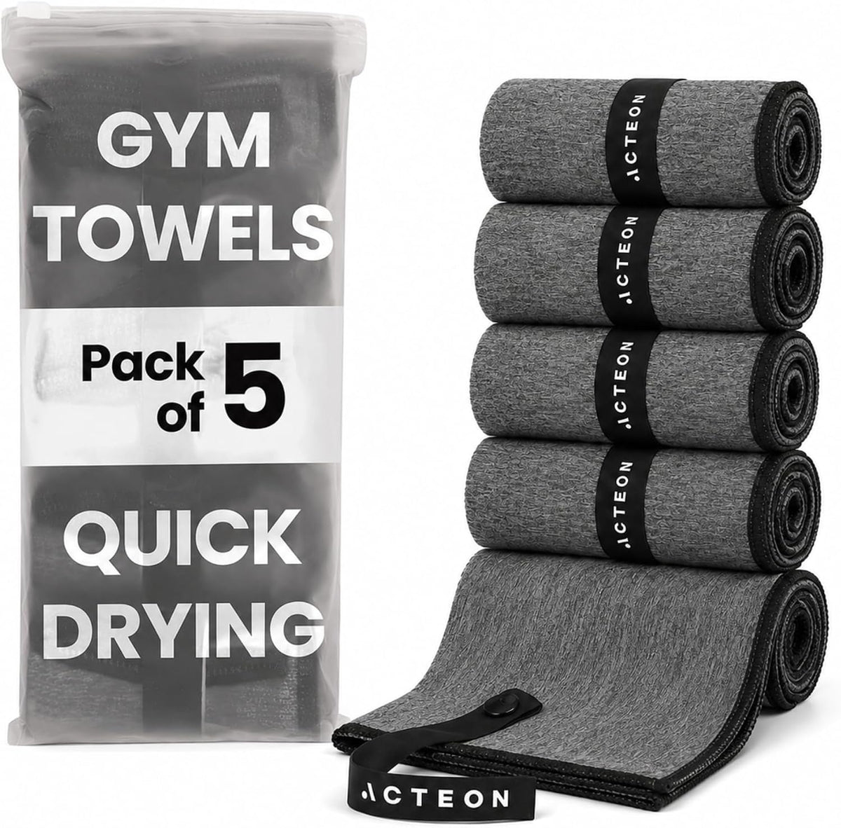 Acteon Microfiber Quick Dry Gym Towel 5 Pack, Silver ION Odor-Free Absorbent Fiber, Fast Drying, Men & Women Workout Gear for Body Sweat, Working Out, Towels Charcoal Grey