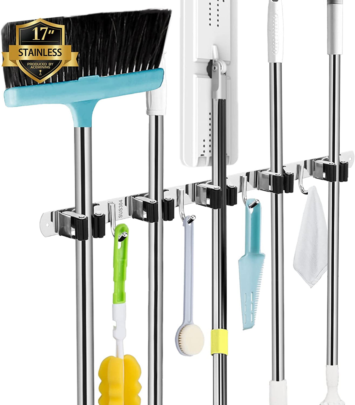 Acemining Broom Holder Wall Mount, 5 Racks 4 Hooks Heavy Duty Mop Organizer