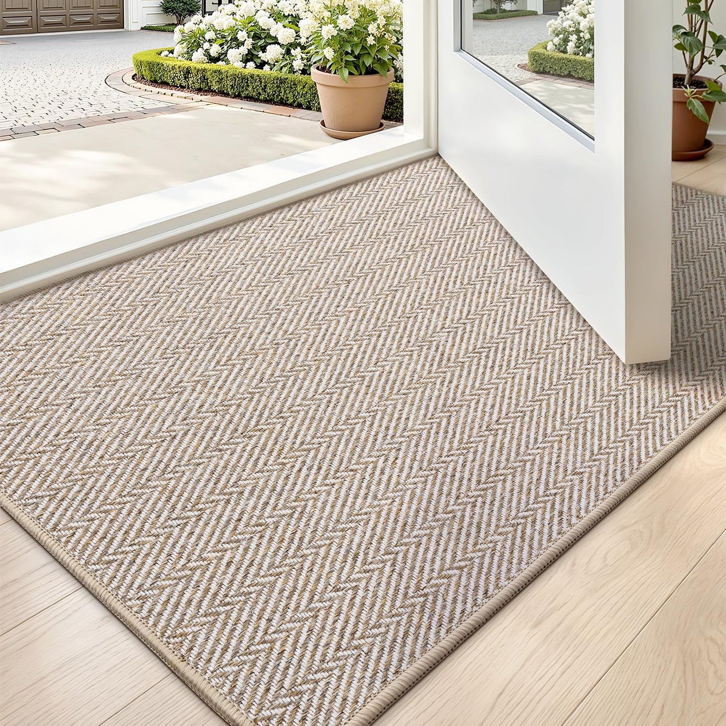 LUMI Ultra Thin Indoor Door Mat 24"X36", Entrance Doormat, Beige | 0.14" Ultra Thin, Dirt-Trapping & Absorbent Quick-Dry Surface, Waterproof Non-Slip Rubber Backing, Elegant Herringbone Design
