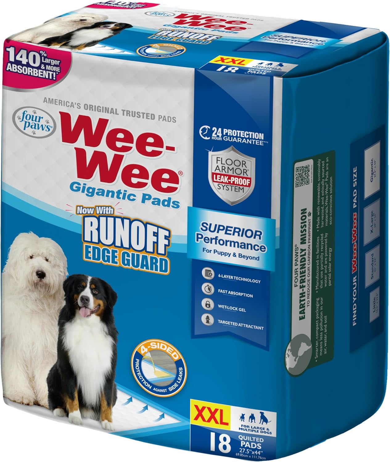 Four Paws Wee-Wee Superior Performance Pee Pads for Dogs with Runoff Barrier Edge Guard Protection, Puppy & Dog Potty Training Pads, Housebreaking Supplies, 27.5" X 44" (18 Count)