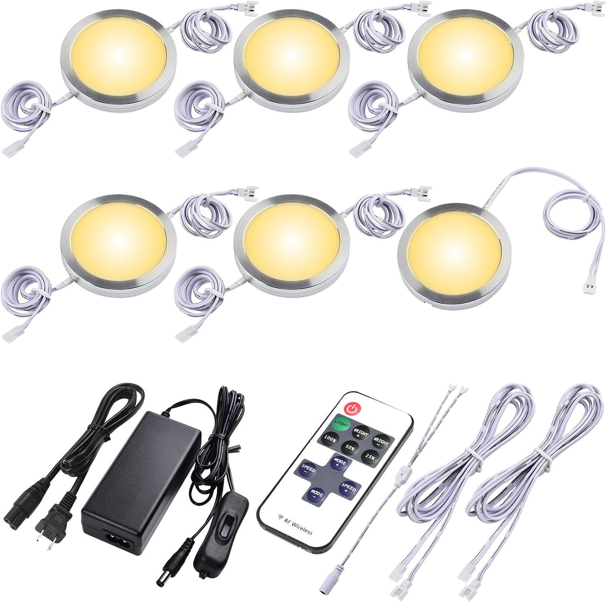 Kitchen underneath Cabinet LED Puck Light, Hutch Backsplash Back Lighting, 110V Plug in & Hardwired, Wireless RF Remote Control Dimmable, Linkable, White Wires, Warm White 2700K, 6 Lights