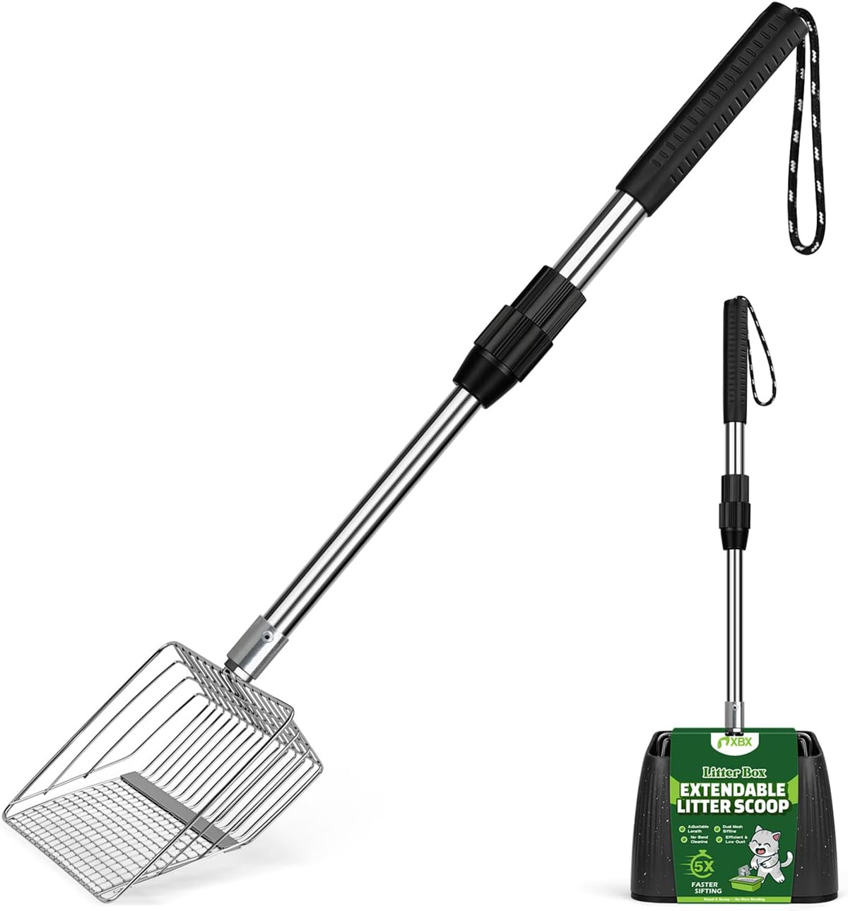 XBX Long Handle Cat Litter Scoop with Holder, Extendable Stainless Steel Cat Scooper, Adjustable Heavy Duty Deep Shovel Litter Sifter for Litter Box and Daily Use