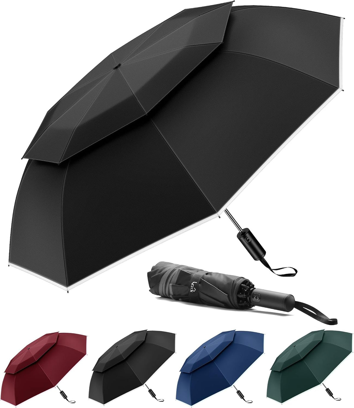 Urvoix Compact Golf Umbrella, Windproof Double Canopy Reflective Stripe