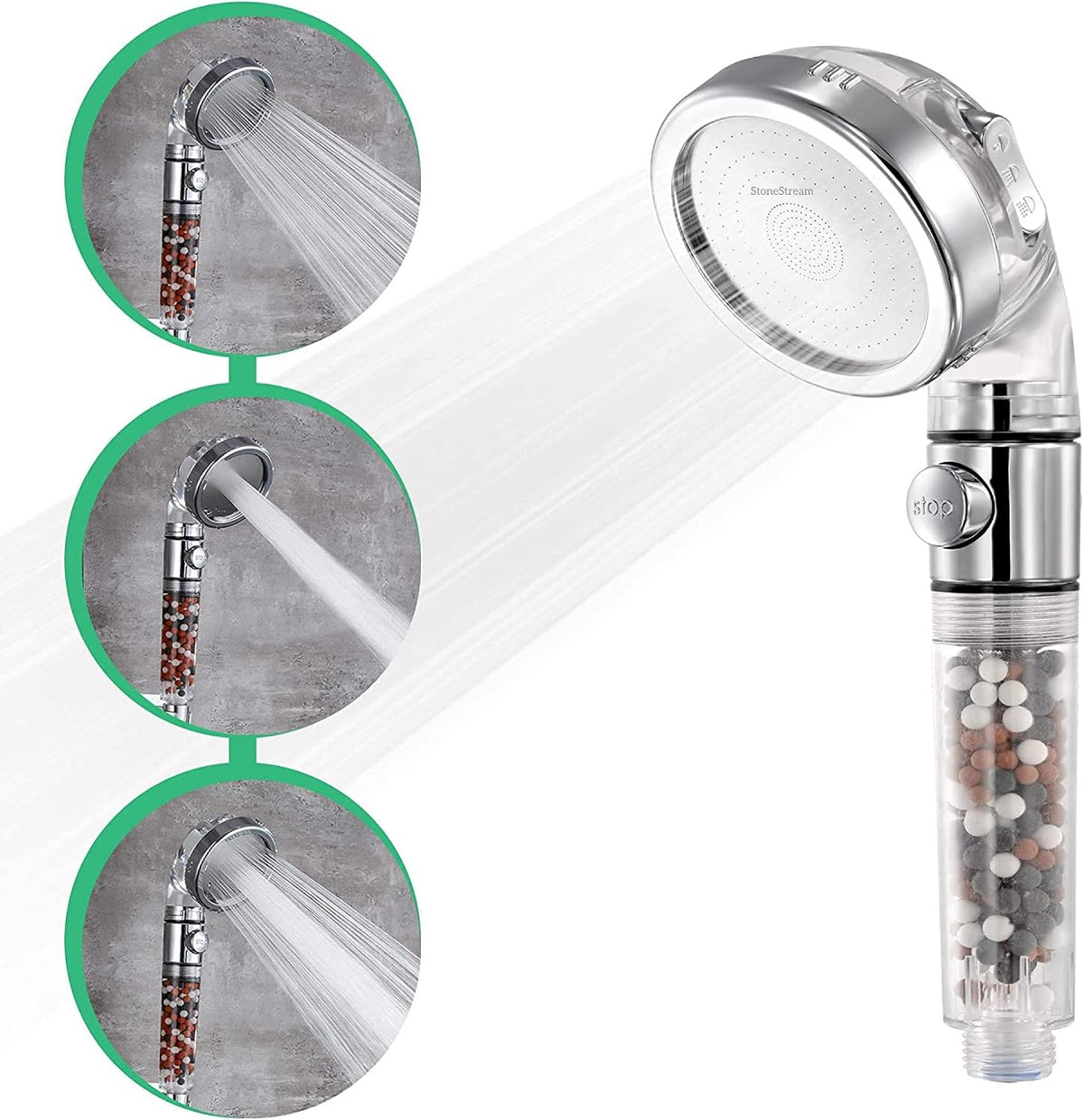 Original Stonestream Filtered Shower Head, Eco Power High Pressure Water Softener Showerhead with ON/OFF Switch and Spa like Ionic Beads for Dry Skin & Hair — 3 Spray Settings