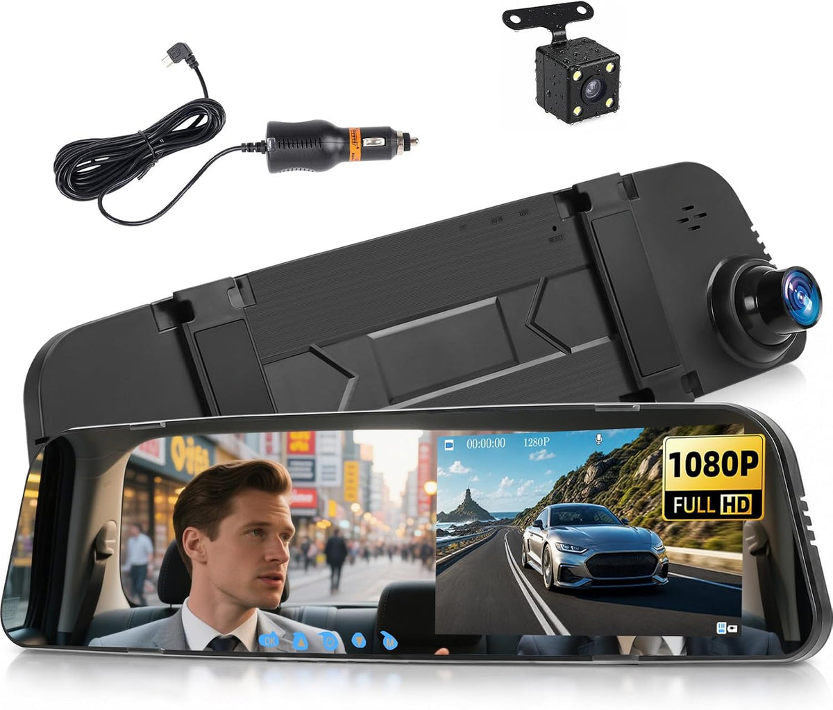 4.5 Inch Mirror Dash Cam with Backup Camera,1080P Front and Rear View Wide Angel Dual Cameras,Ips Touchscreen Smart Rearview Mirror for Cars Trucks Loop Recording/G-Sensor/Night Vision/Parking Monitor