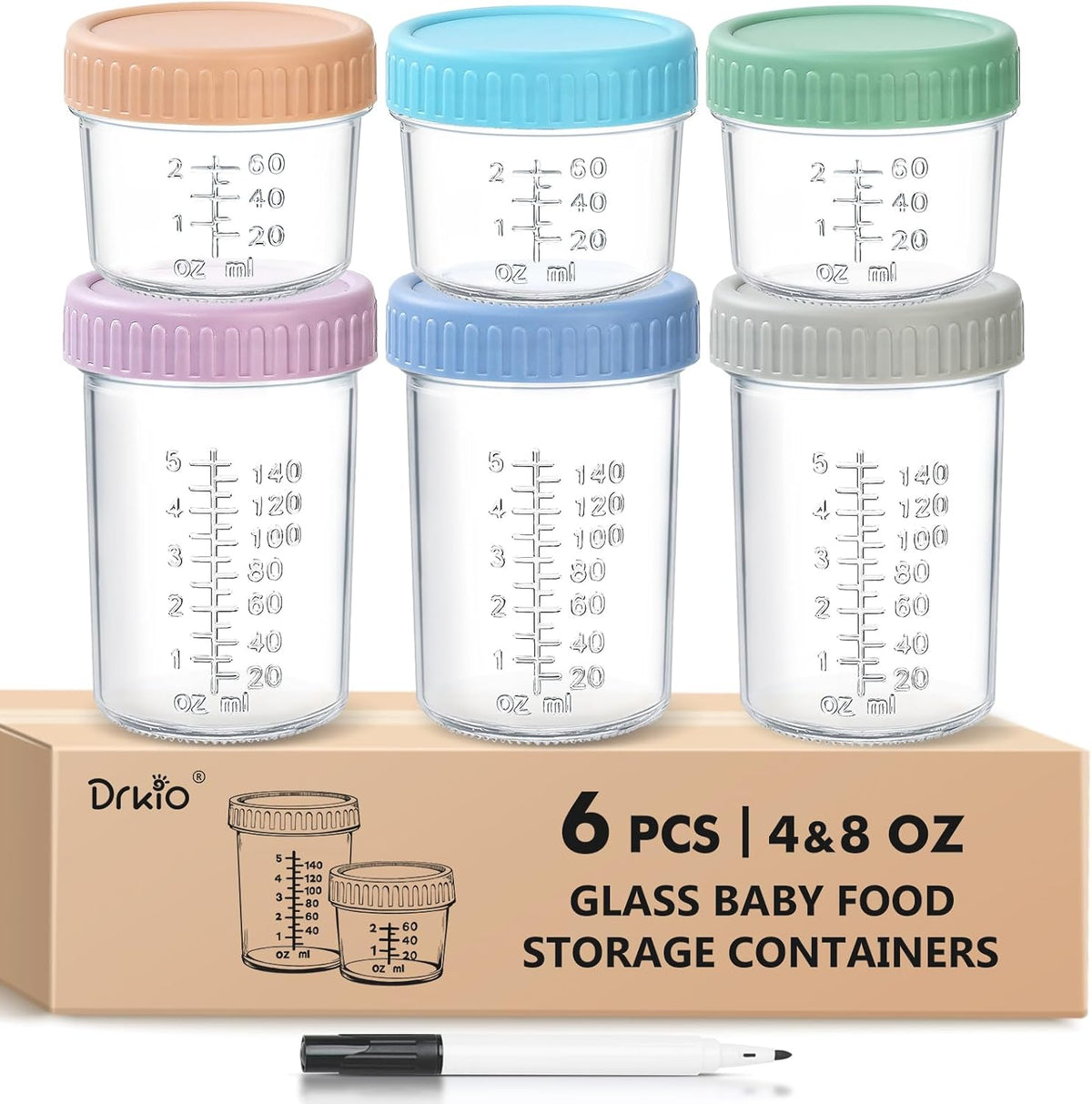DRKIO 6 Pcs Baby Food Storage Containers 4&8 Oz Small Glass Jars with Lids